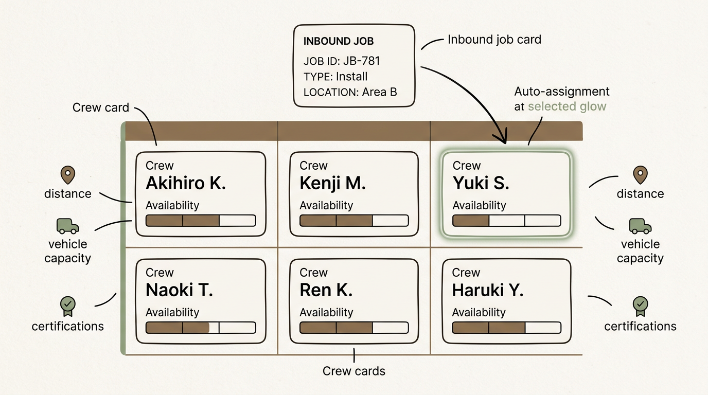 Dispatch board: grid of crew cards with availability bars, one card highlighted as auto-assigned, with distance and capacity overlays