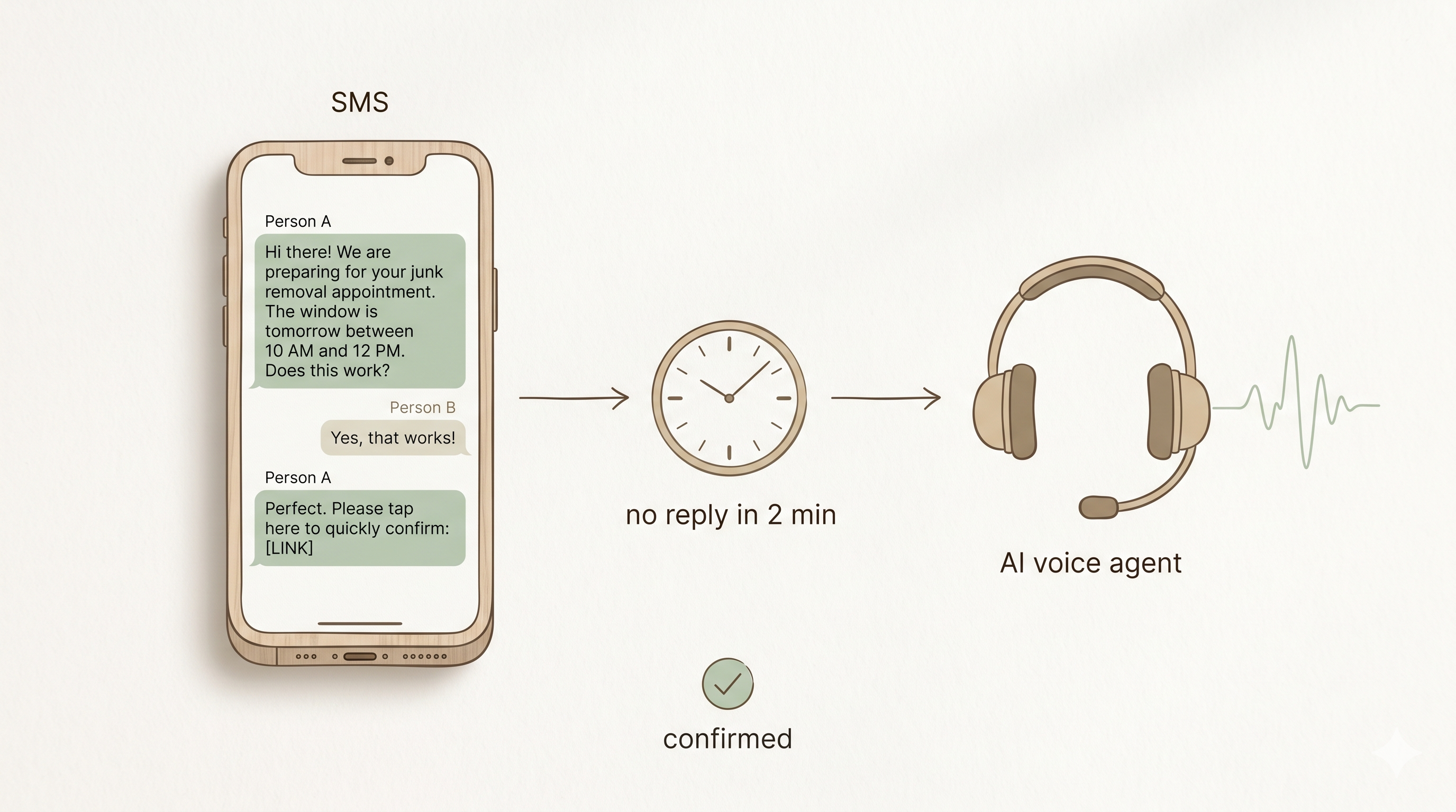 Customer notification: SMS confirmation, 2-minute reply window, AI voice agent escalation, confirmation check
