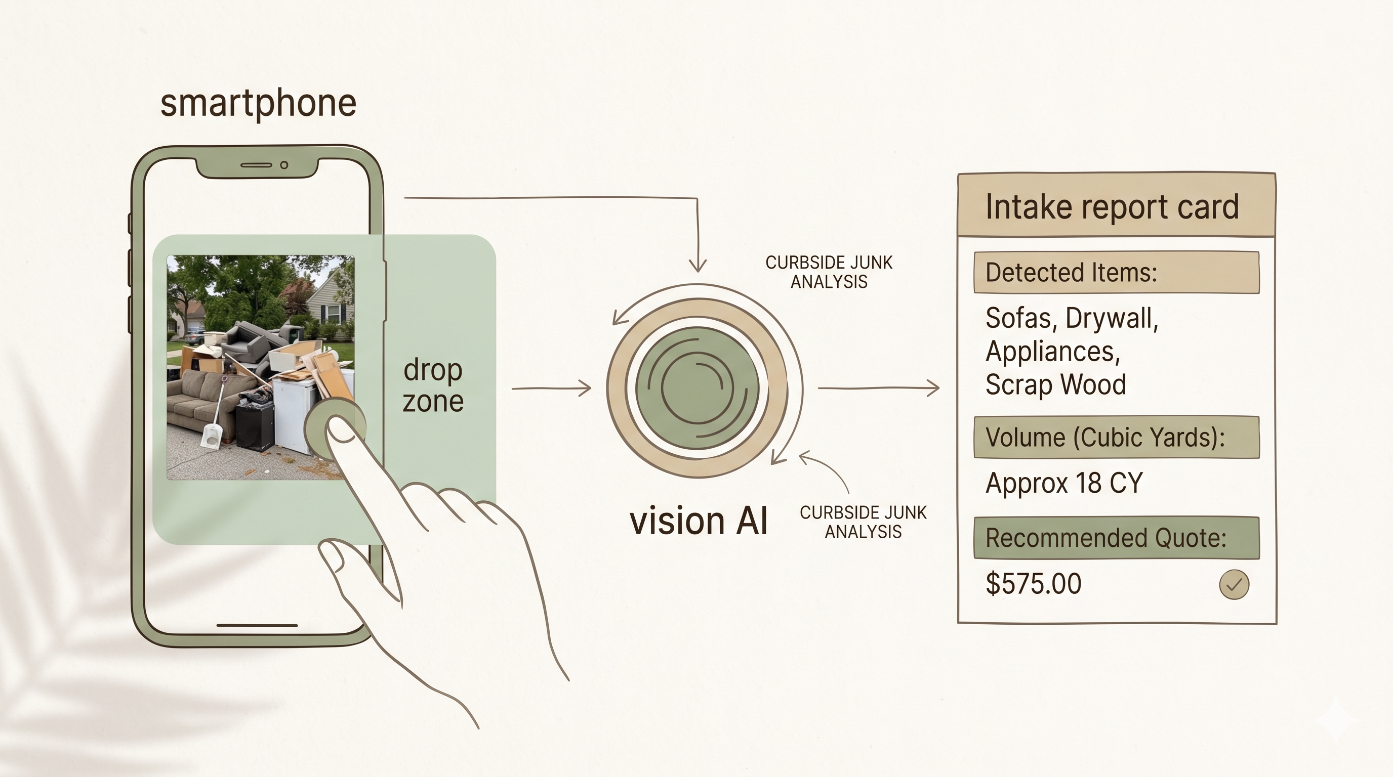 Photo intake flow: smartphone drop zone → vision AI lens → intake report card with detected items, volume, and recommended quote